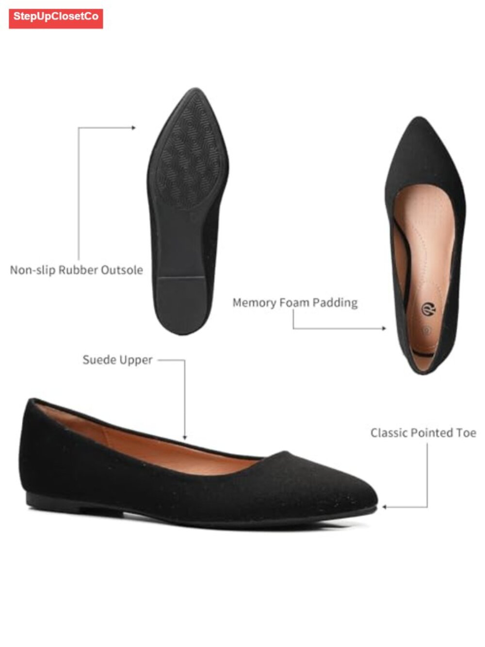 Classic Pointed Toe Ballet Flats - Comfortable Slip On Dress Shoes for Work - Picture 3 of 6
